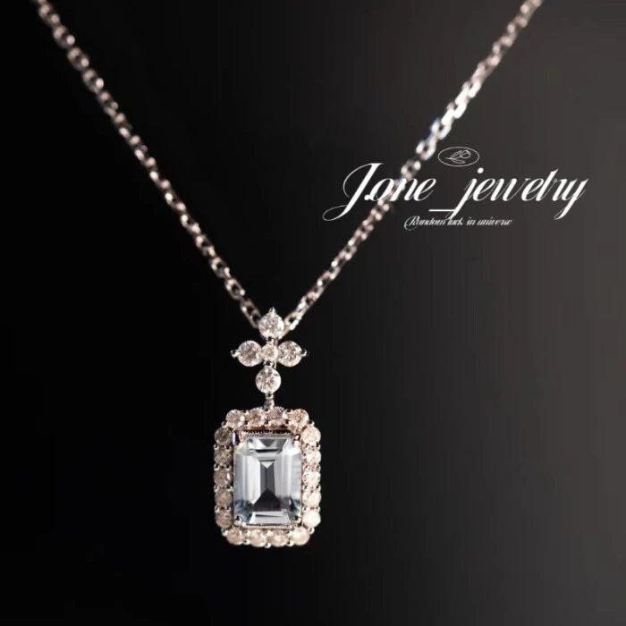 Kalung & Liontin Premium Halo Emerald Cut 2crt Aquamarine Blue